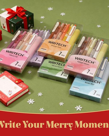 WRITECH Gel Pens Journaling Highlighters: Journal Set Aesthetic Assorted Pastel Color Ink 0.5mm Fine Point Retractable 0.7mm Black Pen Smooth Writing Drawing No Bleed 7ct (Pink)