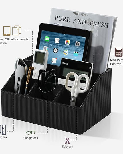 Cretkhp Remote Control Holder with 5 Compartments for Office Art Supplies, PU Leather Nightstand Organizer Pencil Pen Desk Caddy for Home, Desktop TV Remote Control Organizer Storage (Striped Black)