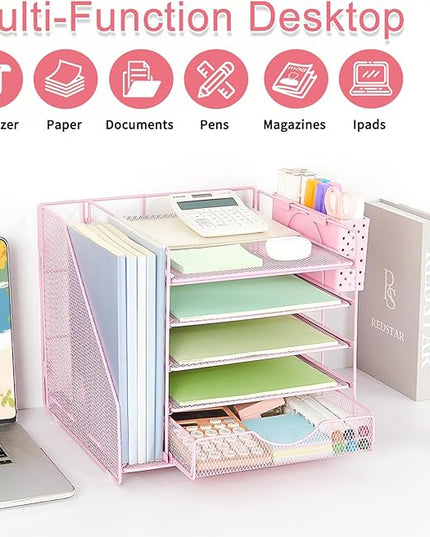 OUTIOE Desk Organizer with Drawer and Pen Holder, 5-Tier Paper Letter Tray Organizer with File Holder, Suitable for Workspace Organizer Office Supplies Storage (Pink)
