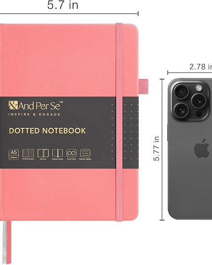 &And Per Se Dotted Journal Notebook, A5 Hardcover Leather Bullet Dotted Journal, 160 Pages 100GSM Thick Paper, 3 Sheets of Stickers Included - 5.7'' x 8'' (Rose pink)