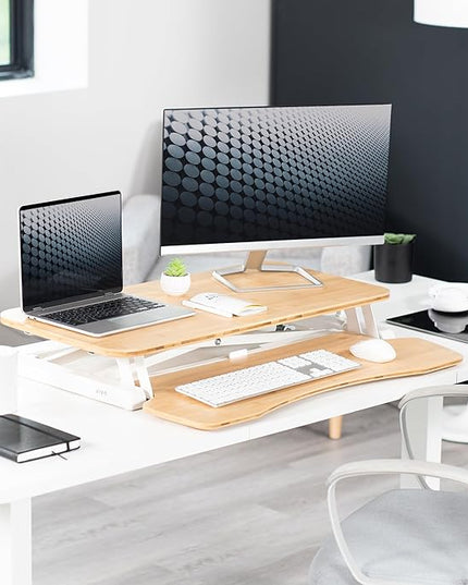 VIVO 32 inch Desk Converter, K Series, Height Adjustable Sit to Stand Riser, Dual Monitor and Laptop Workstation with Wide Keyboard Tray, Bamboo Top, White Frame, DESK-V000KO