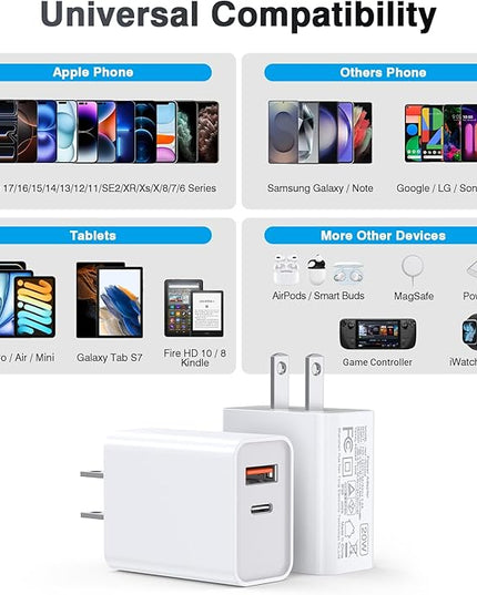 2-Pack Type C Charger Adapter, 20W Multiport Fast Charge Power Brick Cube for iPhone 16/17, iPad, iPod, Samsung Galaxy, Motorola, PS5, Huawei, HTC, LG, Nokia, QC+PD 3.0 USBA Box Wall Plug