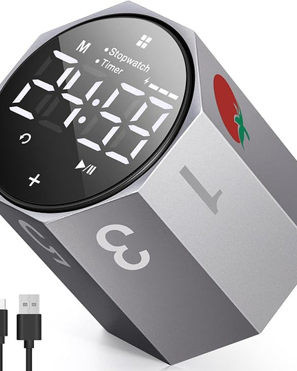 Digital Pomodoro Timer,Frosted Metal Productivity Cube Timer,1.8 in LED Digital Large Screen and Auto-Rotating Display,1/3/5/10/25/30/60min & Custom Time, Silent & Alarm,for Office, Study, Work(Grey)
