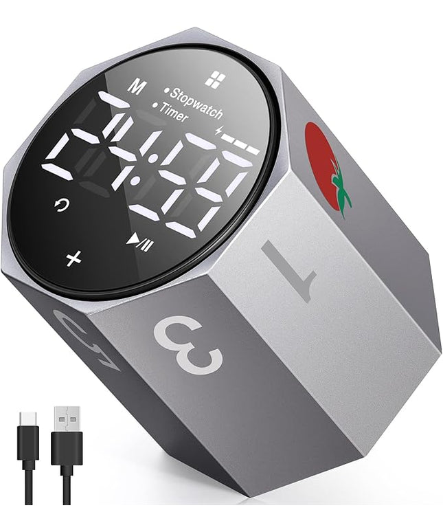 Digital Pomodoro Timer,Frosted Metal Productivity Cube Timer,1.8 in LED Digital Large Screen and Auto-Rotating Display,1/3/5/10/25/30/60min & Custom Time, Silent & Alarm,for Office, Study, Work(Grey)