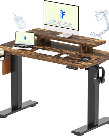 FLEXISPOT Standing Desk with Monitor Stand, 48 x 24 Inches One-Piece Electric Height Adjustable Computer Desk with Cup Holder, Home Office Desks (Black Frame+ Rustic Top)