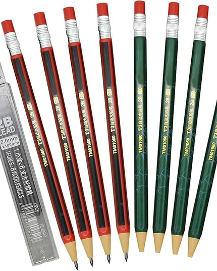 Maydahui 12 PCS Mechanical Pencil with Sharpener Novelty Non Sharpening Automatic Pencil with 12 PCS 2B Lead Refills 2.0 mm Classic Red Green Pole Plastic Simulation Timber for School Writing Drawing