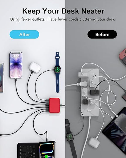 USB C Fast Charger 100W GaN 6 Port Type USB C Charging Station Hub Block Wall Charger Power Strip Adapter Plug Cube Brick 3 USB A for iPad iPhone 17 16 15 14 13 12 11 Pro Max