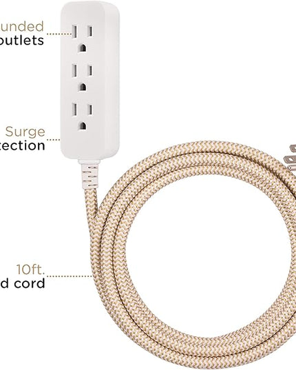 Cordinate 3 Outlet Power Strip Surge Protector Indoor Extension Cord 16 Gauge 245 Joules 10 Ft 3 Prong Braided Extension Cords Flat Extension Cord ETL Listed Brown 37916
