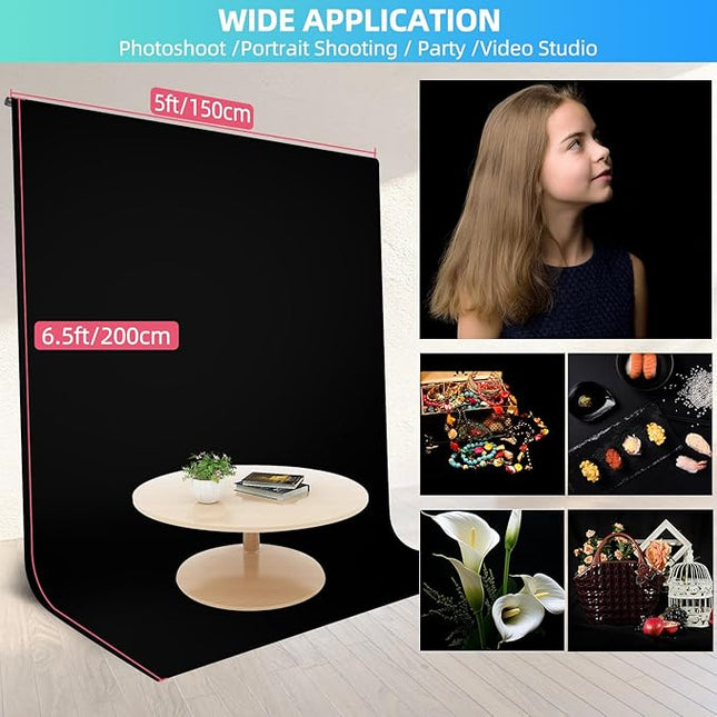 Black Backdrop Background with Stand for Photoshoot, 5x6.5ft Black Photo Backdrop Curtain Cloth with Background Support Stand, 5 Spring Clamps& Carrying Bag for Party Photography Video Studio