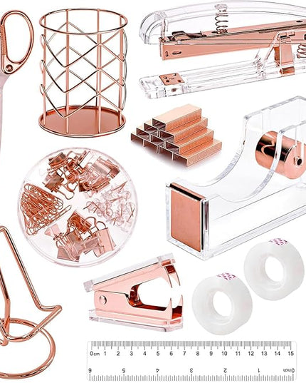 suniya Office Supplies,Desk Accessories,with Stapler,Tape Dispenser,Pen Holder Cup for Desk,Staple Remover,Scissor,Ballpoint Pen,Clear Tape, Staples,Phone Stand,Ruler,Binder,Best Gift Set(Rose Gold)