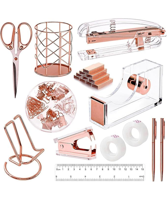 suniya Office Supplies,Desk Accessories,with Stapler,Tape Dispenser,Pen Holder Cup for Desk,Staple Remover,Scissor,Ballpoint Pen,Clear Tape, Staples,Phone Stand,Ruler,Binder,Best Gift Set(Rose Gold)