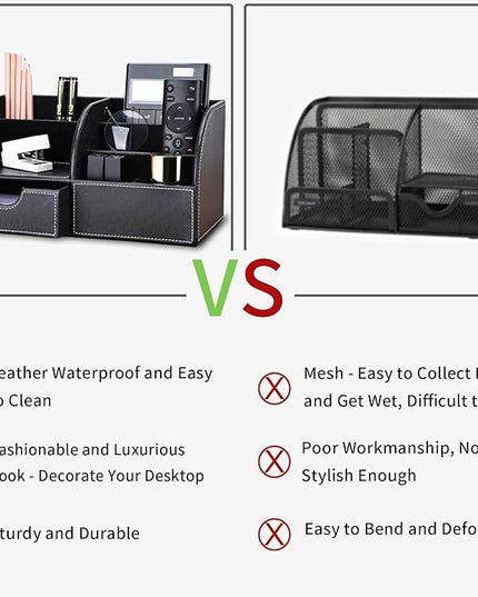 KINGFOM Pu Leather Desk Organizer Pen Pencil Holder Office Supplies Caddy Storage Box 6 Compartments with Drawer Black