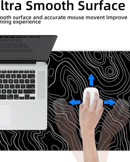 Gaming Mouse Pad XXL XL Large Mouse Mat Long Extended Mouse Pad Desk Mat Non-Slip Rubber Mice Pads Stitched Edges Thin Pad (Topographic Map Balck)