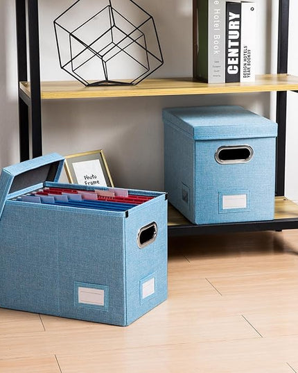 PRANDOM File Organizer Box - Set of 1 Collapsible Decorative Linen Filing Storage Hanging File Folders with Lids Office Cabinet Letter Size Blue (14x9.3x10.8 inch)