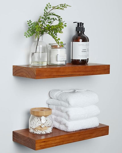 Homeforia 16 inch Oak Floating Shelf, High End Solid Real Wood 16inch Small Floating Shelves for Wall Mounted, Honey Oak Wooden 16in Floating Shelves, Heavy Duty Bracket, 16 X 6.5 X 1.75 in, Set of 2