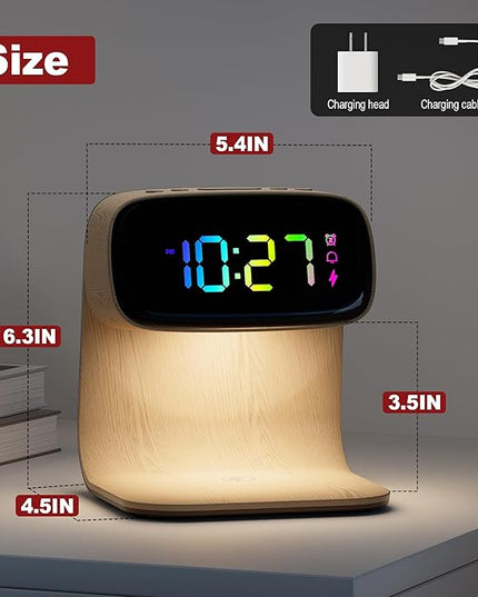 Digital Alarm Clock with Wireless Fast Charging Station 15W Touch Smart Lamp for Bedside,3 Colors Nightlight Adjustment Night Lamp for Living Room,Bedside,Heavy Sleepers (Woodgrain+Cable&Adapter)
