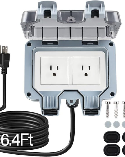 Outdoor Power Outlet Box with 16.4Ft Extension Cord, NEMA 5-15R, STW 14 AWG, Weatherproof Waterproof IP66 Electrical Outlet Extender, Exterior Wall Power Socket w/Cover for Garden
