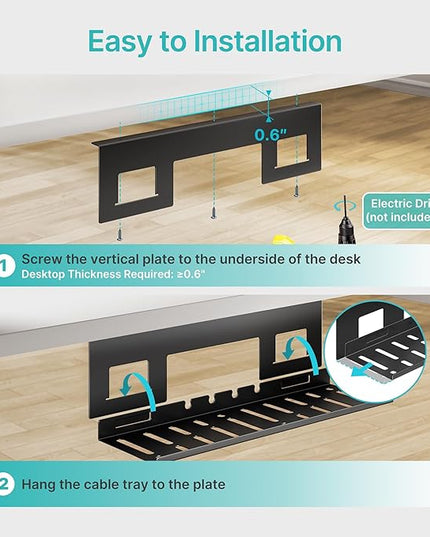 Under Desk Cable Management Tray, 15.7 Inches Metal Cord Organizer Rack, Desk Tray for Power Strip, Cord, Wire, Easy Mounting Cable Management Under Table for Home Office, Black