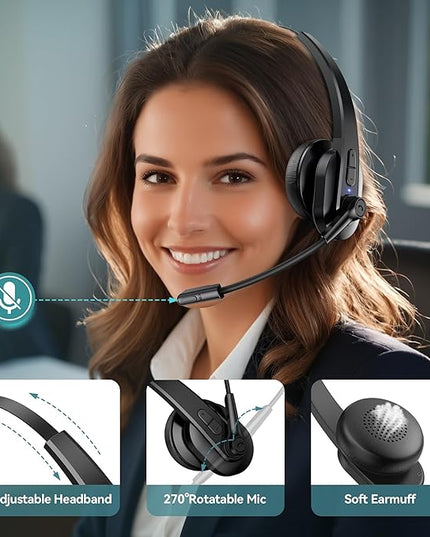 Sarevile Bluetooth Headset with USB Dongle for Computer, Single-Ear Wireless Headset with Noise Cancelling Microphone for Office & Truckers, Bluetooth V5.2 with Mute Button for Work