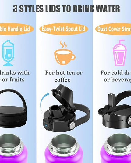 Water Bottle Insulated 32oz 40oz 64oz 128oz Straw Lid Spout Lid & 3 Lids, Leak Proof, Vacuum Insulated,Stainless Steel Water Bottle Wide Mouth for Sports, Gym or Office