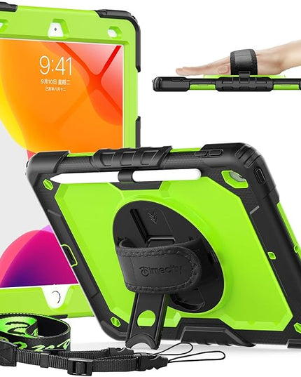 Timecity Case for iPad 9th/ 8th/ 7th Generation 10.2 inch - Heavy Duty Protective Cover with Screen Protector, Rotating Stand, Shoulder Strap & Pencil Holder | Kids-Friendly (Green)