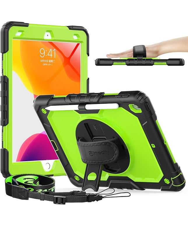 Timecity Case for iPad 9th/ 8th/ 7th Generation 10.2 inch - Heavy Duty Protective Cover with Screen Protector, Rotating Stand, Shoulder Strap & Pencil Holder | Kids-Friendly (Green)