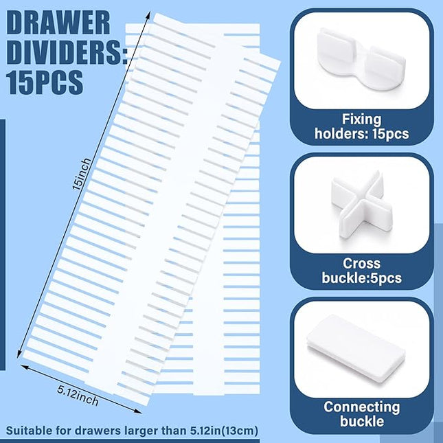 Blosssound 15pcs 5.12x 15 Tall Drawer Divider Adjustable Drawer Organizer DIY Ultra Deep Storage Organizer Separator with Fixed Buckle for Underwear Socks Dormitory Office Kitchen Bedroom(White)