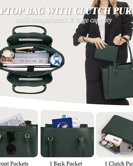RAINSMORE Laptop Bag for Women 15.6 Inch Work Tote Bags Waterproof Computer Bags Leather Professional Laptop Purse Womens Laptop Briefcase Large Handbag for Office Teacher Travel, Green