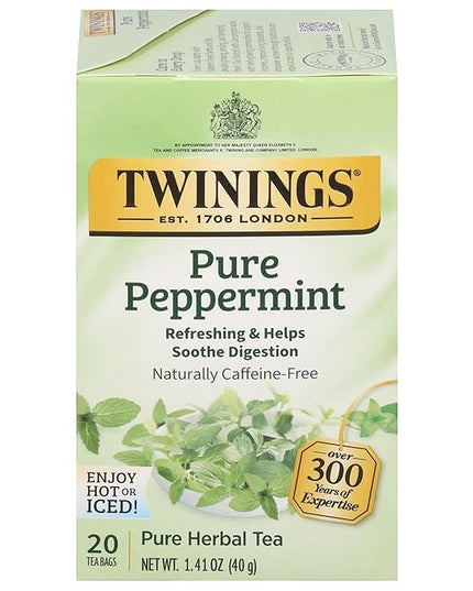 Twinings Pure Peppermint Herbal Tea Individually Wrapped Bags, 20 Count (Pack of 1), Fresh Minty Flavour, Naturally Caffeine-Free, Enjoy Hot or Iced, 20 Teabags