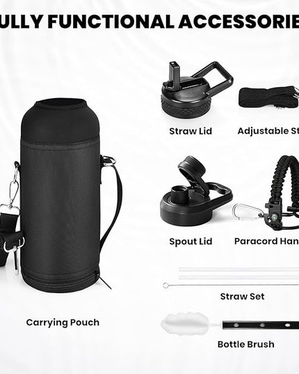 Insulated Water Bottle 40 oz, Triple Wall Vacuum Stainless Steel (Cold for 48 Hrs), Leak Proof & Non-BPA, Modern Water Flask Jug with Paracord Handle & Straw Spout Lids, Magic Black