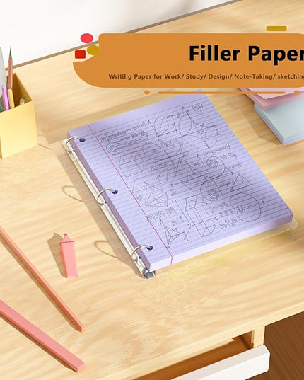 Purple Loose Leaf Paper 100 Sheets Colored Filler Paper 8 * 10.5 College Ruled Paper 3-Hole Punched Paper for 3-Ring Binders Notebook Lined 8" x 10.5"