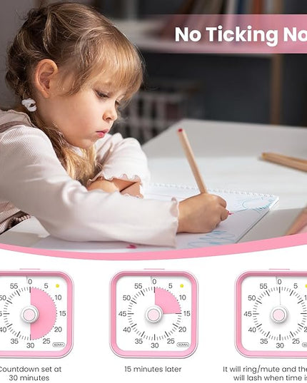 InfPokid Visual Timer for Kids with Pause Function, 60 Minute Countdown Timer for Kids Desk Study, Teaching, Kitchen Cooking, Office Meetings, Time Management for ADHD (Pink)