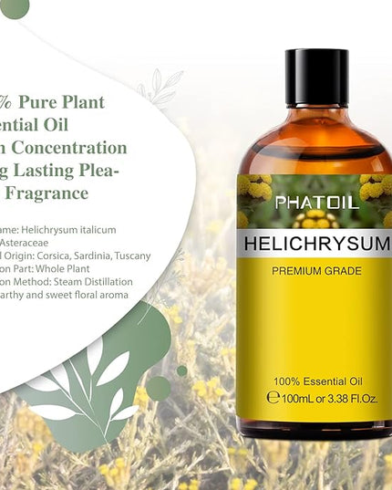 Helichrysum 3.38fl.oz Essential Oil, PHATOIL Pure Aromatherapy Oils for Diffuser, Humidifier, Perfect for DIY Soap, Candle, Bath Bombs Making(100ml)