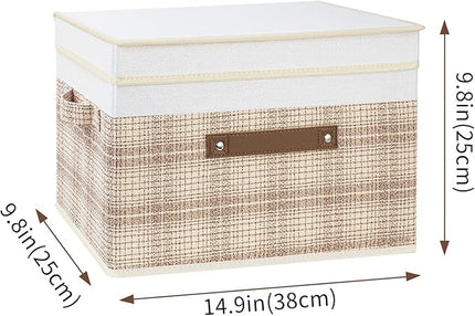 TYEERS Collapsible Storage Bins with Lids, Patchwork Design, Washable, Fabric Storage Boxes, 14.9x9.8x9.8 inches, 5 Pack, Camel Tan