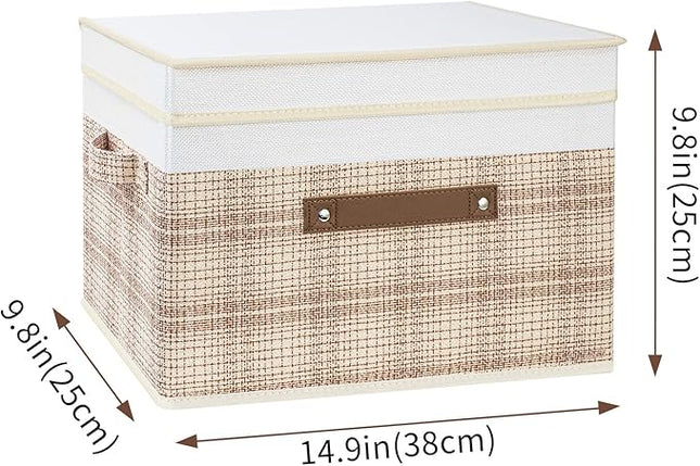 TYEERS Collapsible Storage Bins with Lids, Patchwork Design, Washable, Fabric Storage Boxes, 14.9x9.8x9.8 inches, 5 Pack, Camel Tan