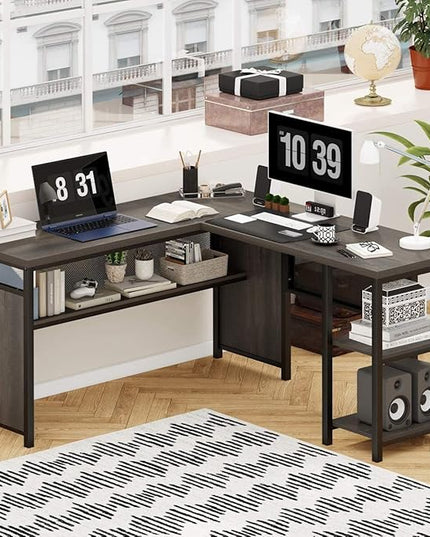FATORRI L Shaped Desk, Industrial Reversible Home Office Computer Desk with Wood Shelves, Corner Desks with Metal Legs (Walnut Brown, 59 Inch)