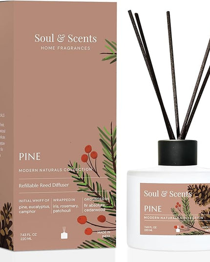Soul & Scents Reed Diffuser Set – Pine | 7.43 oz Refillable Scented Oil with 6 Fiber Sticks | Long-Lasting Home Fragrance & Air Freshener for Bedroom, Bathroom, Office | Gift & Décor Piece