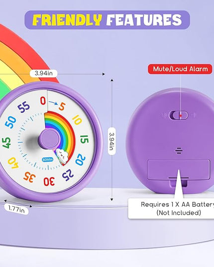 HIPPIH Visual Timer for Kids, 60 Minute Countdown Timers for Classroom Kitchen Office, Rainbow Disk Desk Timer Clock with Silent Operation, Pomodoro Timer Time Management Tools for Toddler ADHD Purple