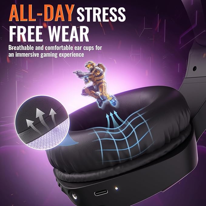 BINNUNE 2.4GHz Wireless Gaming Headset, Bluetooth 5.3 Gaming Headphones with Noise Canceling Mic, 120H Ultra-Long Battery, 50mm Drivers, Multi-Platform for PC / PS5 /PS4/ Switch/Mobile, Purple