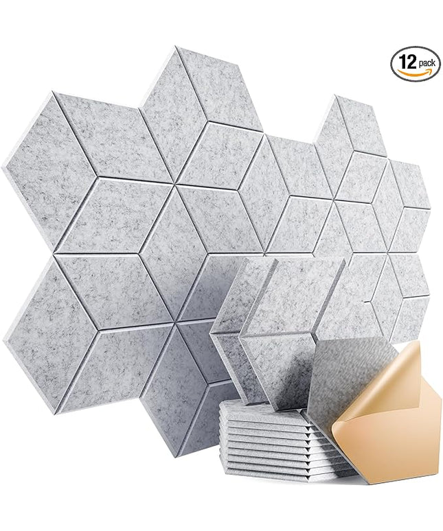 12 Pack Self-Adhesive Acoustic Panels 12" X 10" X 0.4" - Sound Proof Foam Panels with High Density,Stylish Y-Lined Design, Flame Resistant, Absorb Noise and Eliminate Echoes(Silver Gray)