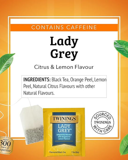 Twinings Lady Grey Black Tea Individually Wrapped Bags, 100 Count (Pack of 1), Orange Peel & Lemon Peel, Fresh and Uplifting, Caffeinated, Enjoy Hot or Iced, 100 Teabags