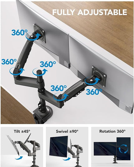 HUANUO 17-32 Inch Dual Monitor Stand, Gas Spring Dual Monitor Mount, Monitor Stand 2 Monitors, Ergonomic Adjustable Tilt/Swivel/Rotate, Weight Max 19.8 lbs, VESA 75/100mm