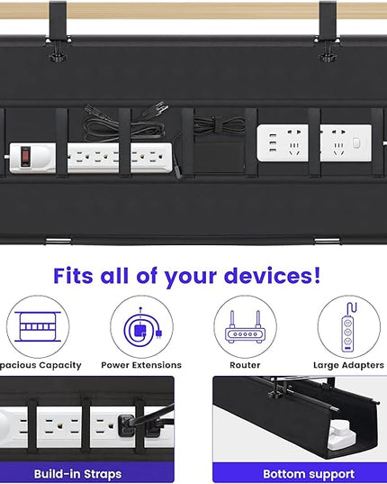 Under Desk Cable Management Tray, Clamp-On Cord Organizer，No Drilling Required, Holds Up to 22 lbs, for Cords, Routers, Power Strips (Black, 28.4inch)