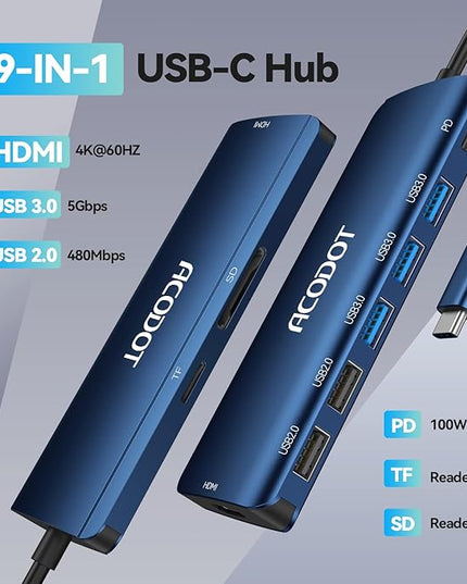 Acodot 9 in 1 USB C to 4K@60HZ HDMI Multiport Adapter, 3 USB 3.0 Ports, SD/TF Card Reader, 100W PD, Designed for MacBook Pro Air HP XPS etc, Blue