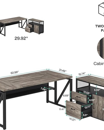 Tribesigns 63" Executive Desk with Reversible File Cabinet, Large L-Shaped Office Desk with Drawers, Business Furniture Workstation for Home Office (Dark Oak, 63-inch)
