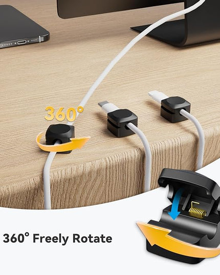 Rotatable Cord Organizer, Enhanced Spring Cable Clips, Strong Adhesive Cable Management, Desk Cord Holder for Nightstand, Office Accessories and Car (8*Black)