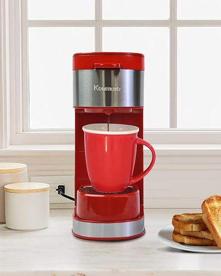 Kenmore Single Serve Coffee Maker – 6–14 Oz Brew Sizes, Compatible with Keurig K‑Cup Pods & Ground Coffee, One Cup Brewer, Travel Mug Friendly, Auto Shut‑Off, Hot & Iced maquina de cafe, Red