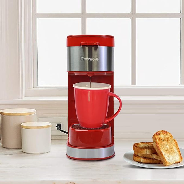 Kenmore Single Serve Coffee Maker – 6–14 Oz Brew Sizes, Compatible with Keurig K‑Cup Pods & Ground Coffee, One Cup Brewer, Travel Mug Friendly, Auto Shut‑Off, Hot & Iced maquina de cafe, Red