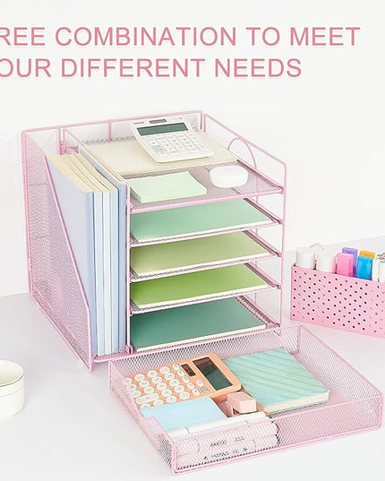 OUTIOE Desk Organizer with Drawer and Pen Holder, 5-Tier Paper Letter Tray Organizer with File Holder, Suitable for Workspace Organizer Office Supplies Storage (Pink)