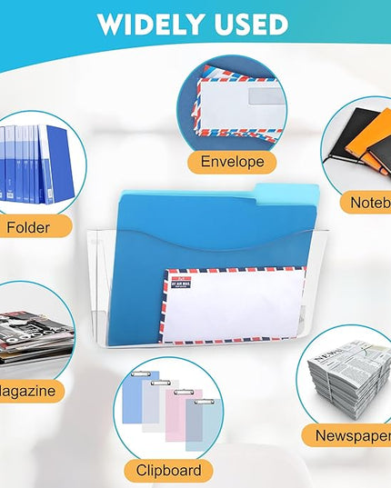 EASEPRES 4 Pack Clear Single Pocket Hanging File Organizer, Plastic Wall Mount Paper Mails Magazines Holder, Mounted Folder Bins for Office, School and Home, 13.85x3.14x6.88 inches